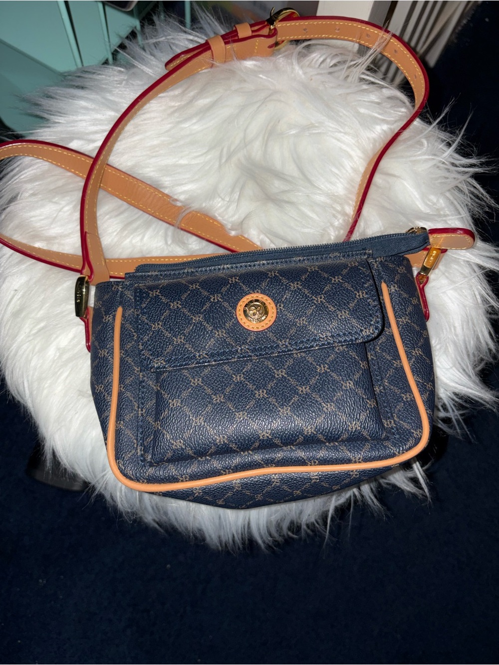 Monogram Navy Crossbody Bag with Tan Trim and Red-Edged Strap
